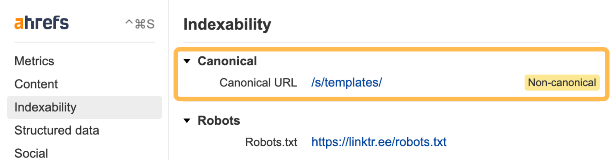 Relative canonical tag, via Ahrefs' SEO Toolbar
