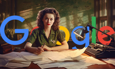 1950er Jahre Frau Dating-Dokumente am Schreibtisch Google-Logo