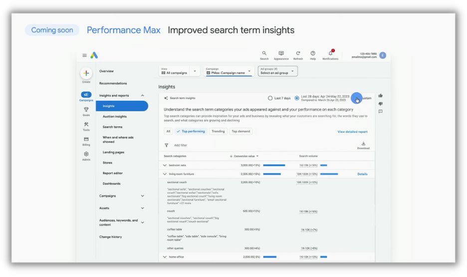screenshot from google marketing live 2023 presentation - search term insights in performance max