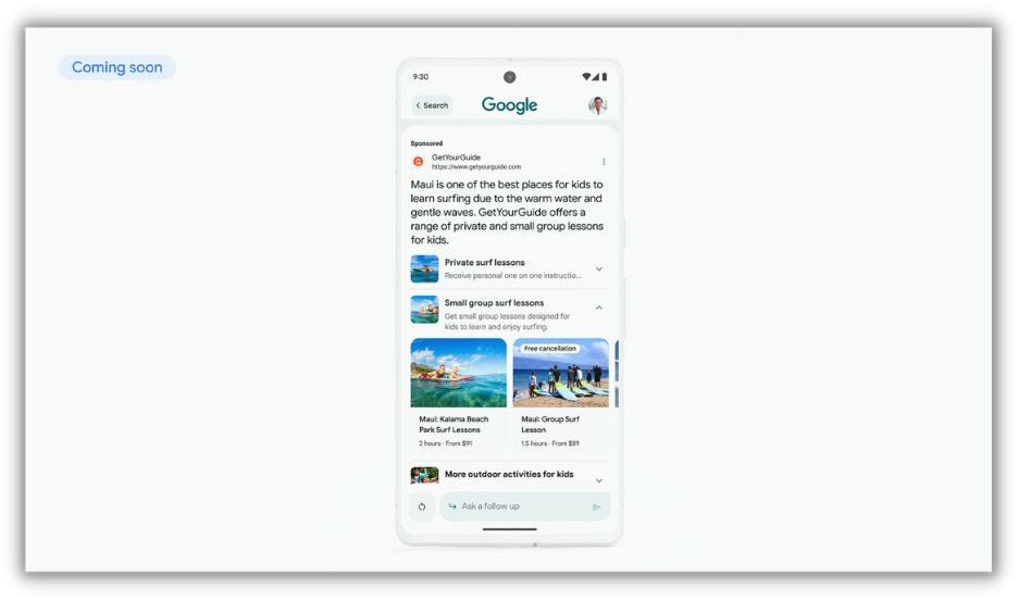 screenshot from google marketing live 2023 presentation - ads in search generative experience that are coming soon