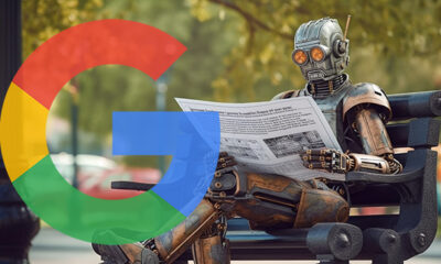 Robot Reading Newspaper Park Bench Google Logo