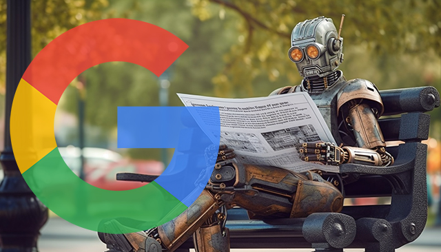 Robot som läser tidningen Park Bench Google Logotyp
