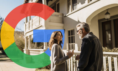 Woman Explaining To Man Outside House Google Logo