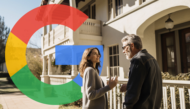Woman Explaining To Man Outside House Google Logo