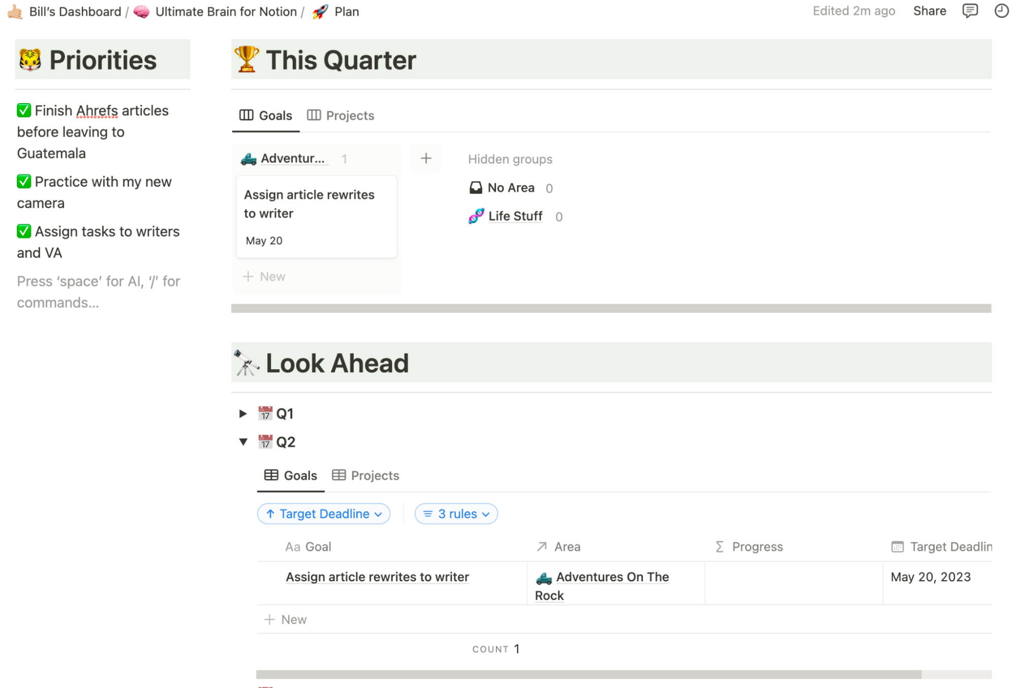 Notion goal planning dashboard