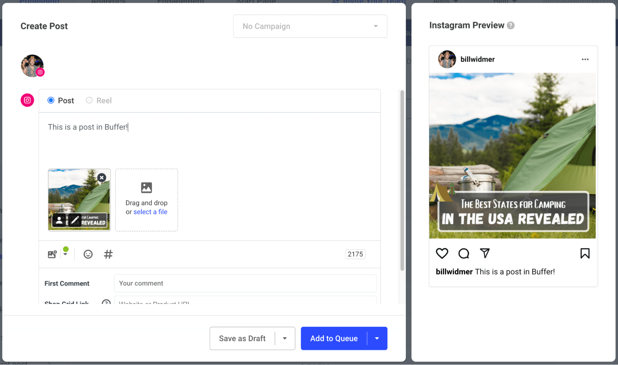 Example of a post being scheduled using Buffer