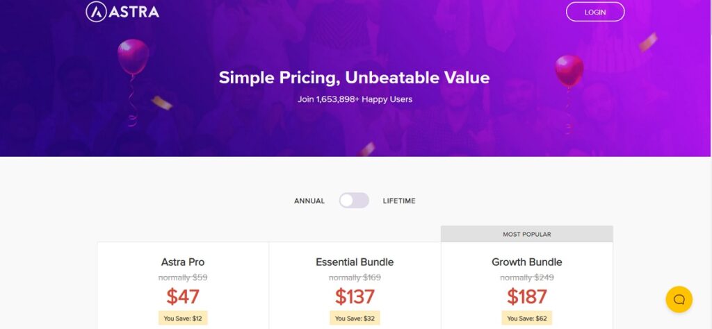 Astra pro pricing page.
