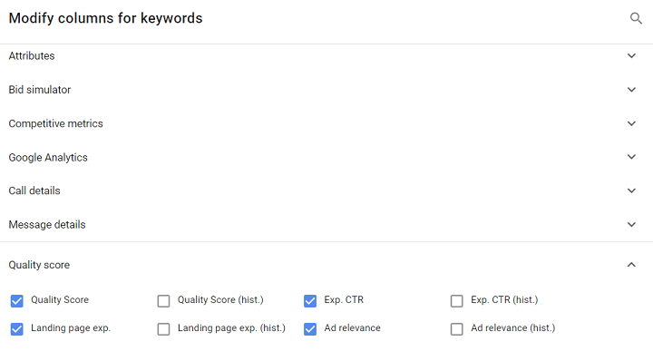 google ads quality score custom column