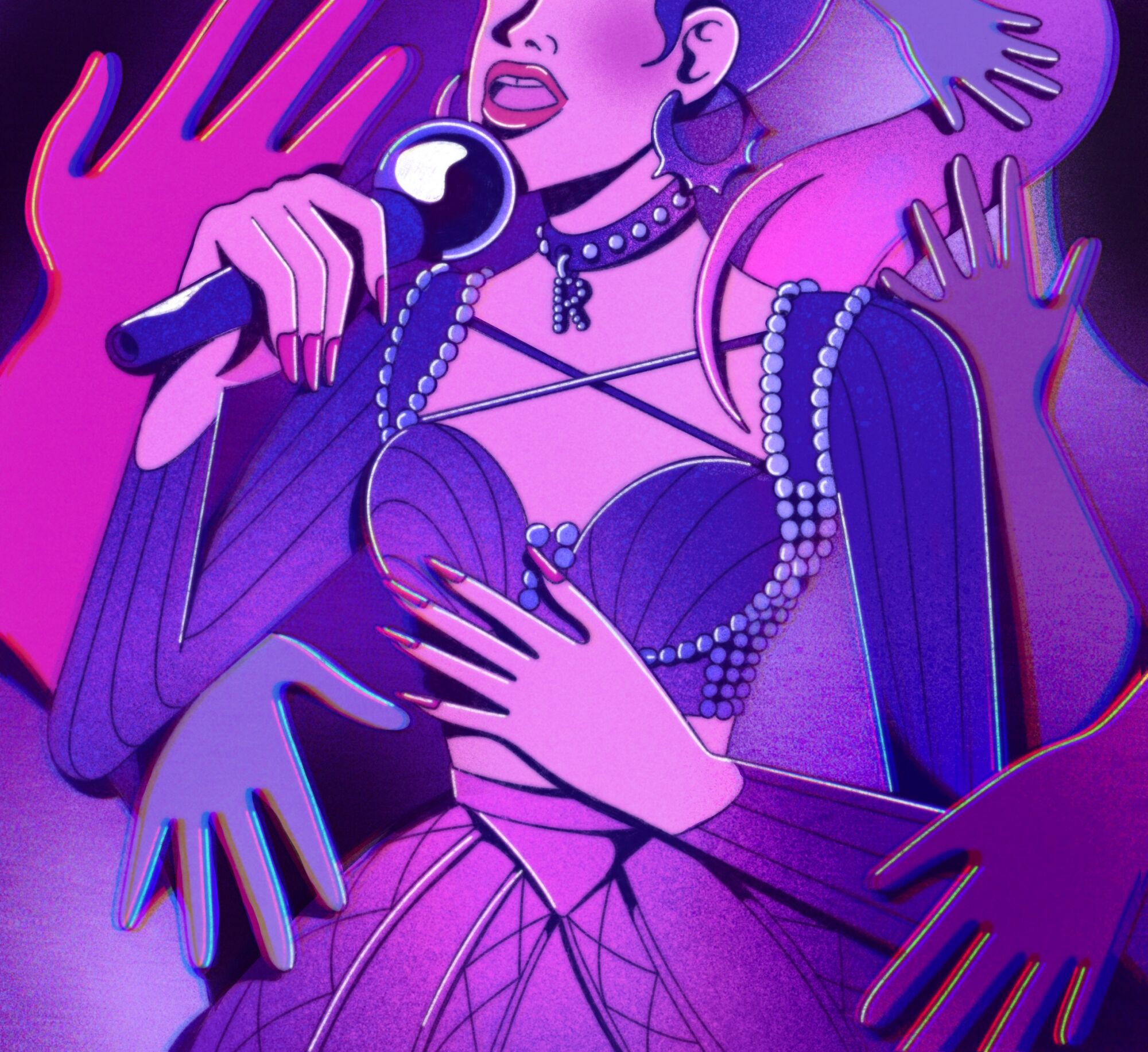 One of the performers from "Six" illustrated in purple