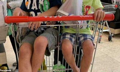 The mum posted a picture to a Facebook group for Sydney mothers showing her two children sitting in the Coles trolley, with their legs dangling through the bars