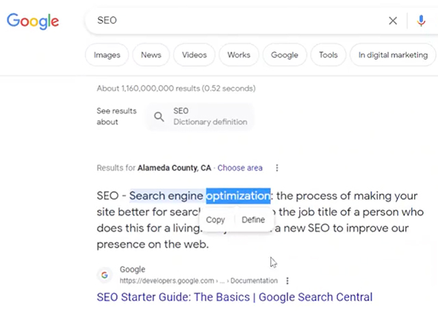 Google Search Featured Snippet Define Click