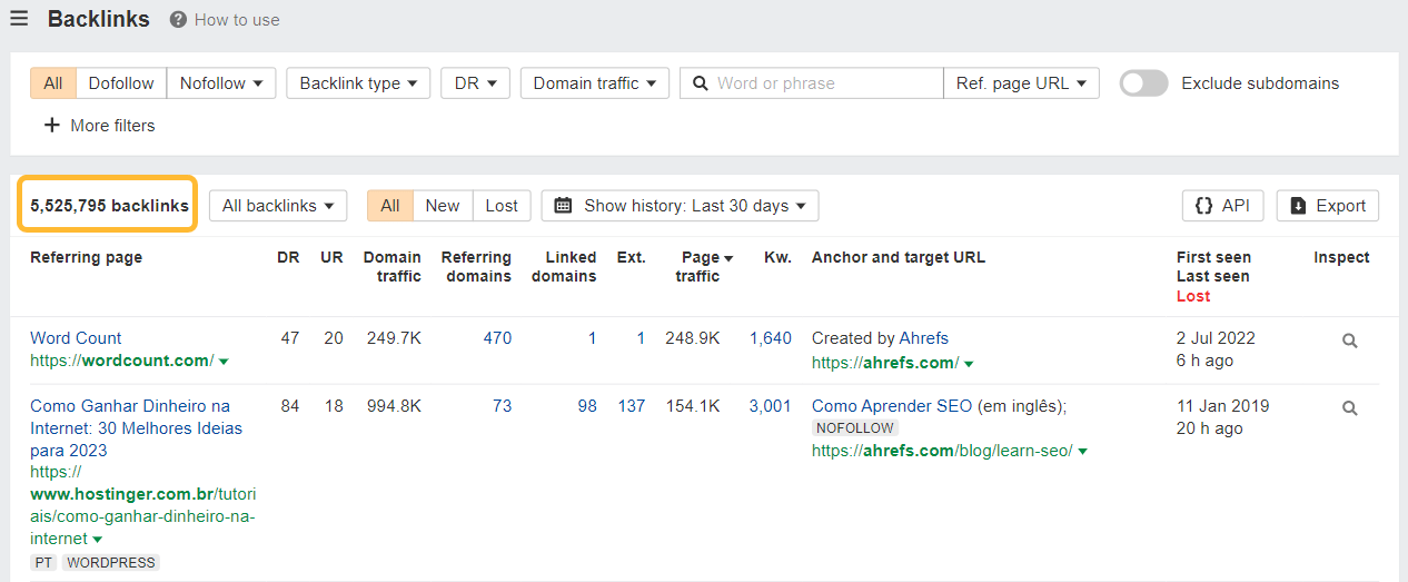 Backlinks report from Ahrefs' Site Explorer