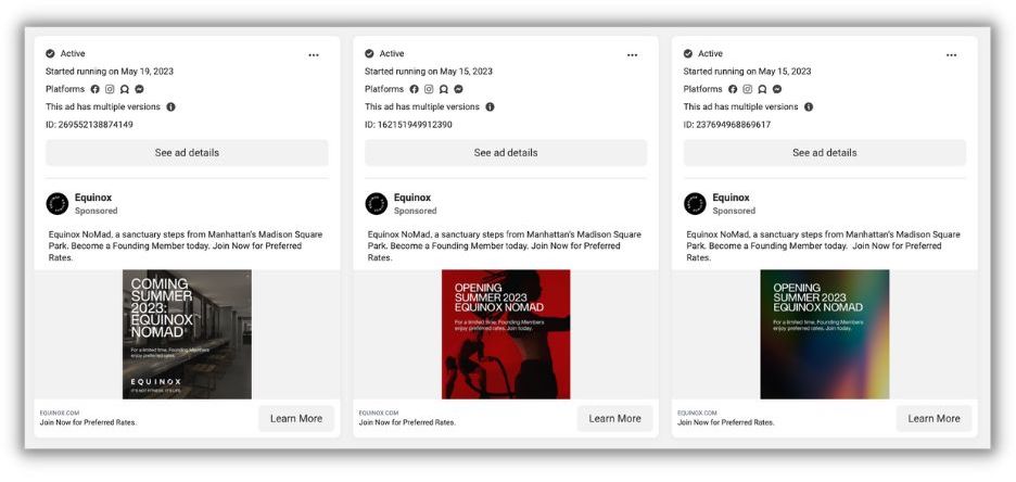 meta facebook ad library results for equinox gyms - three results with same copy but different creative