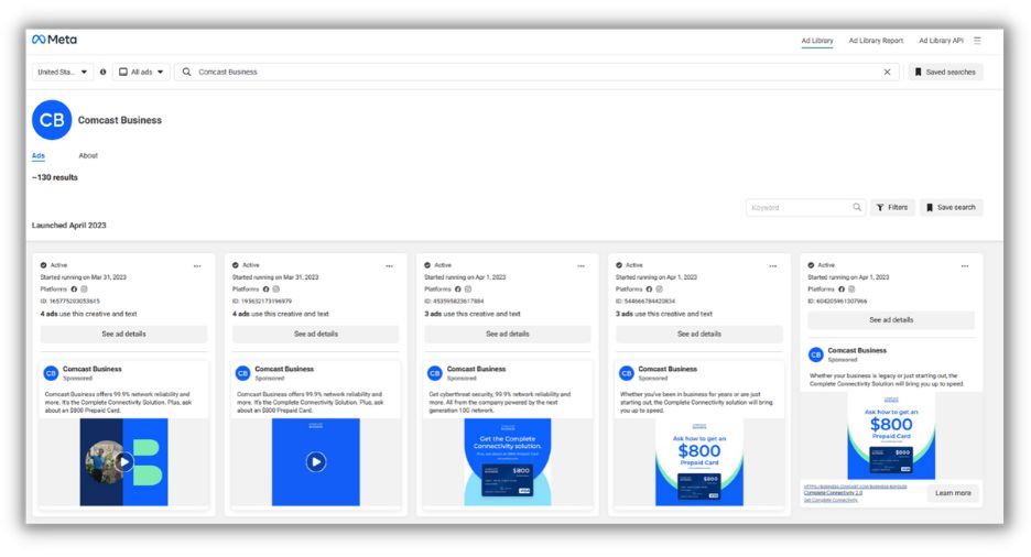 meta facebook ad library results for comcast business