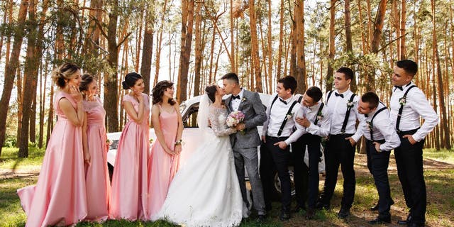 Full wedding party poses outside with bride, groom, bridesmaids and groomsmen.