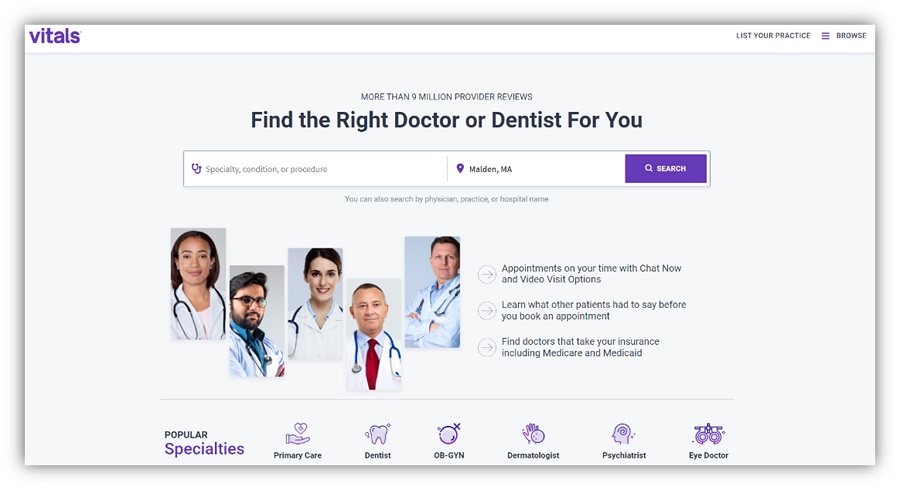 doctor review sites - vitals home page screenshot
