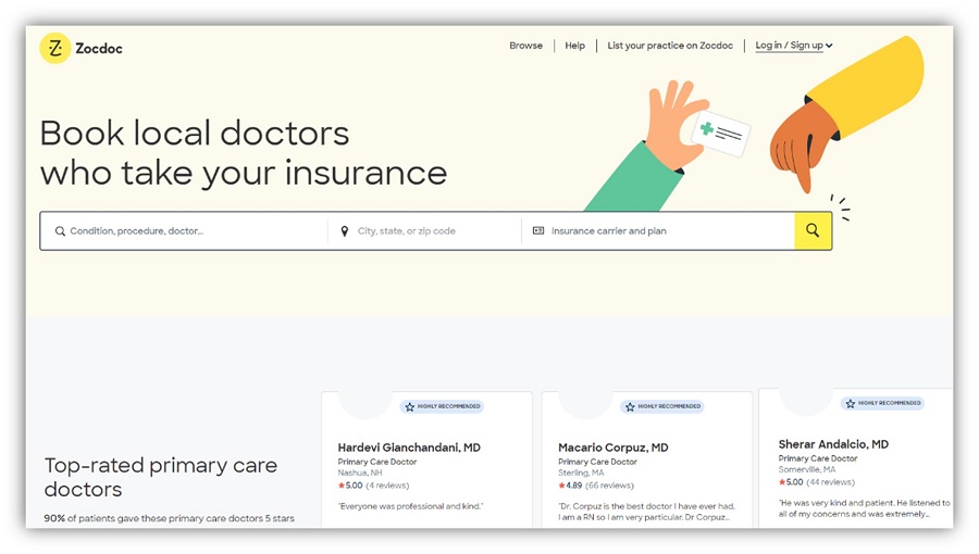 doctor review sites - zoc doc home page screenshot