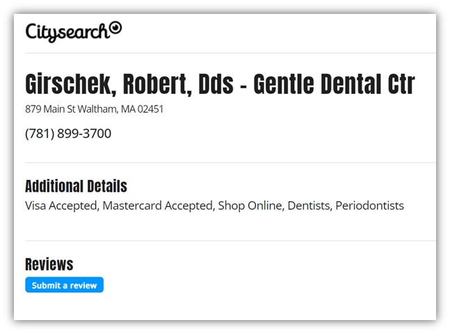 doctor review sites - citysearch listing screenshot