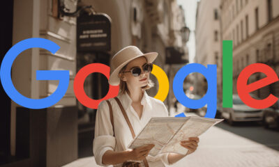 Woman Holding Map Street Corner Google Logo