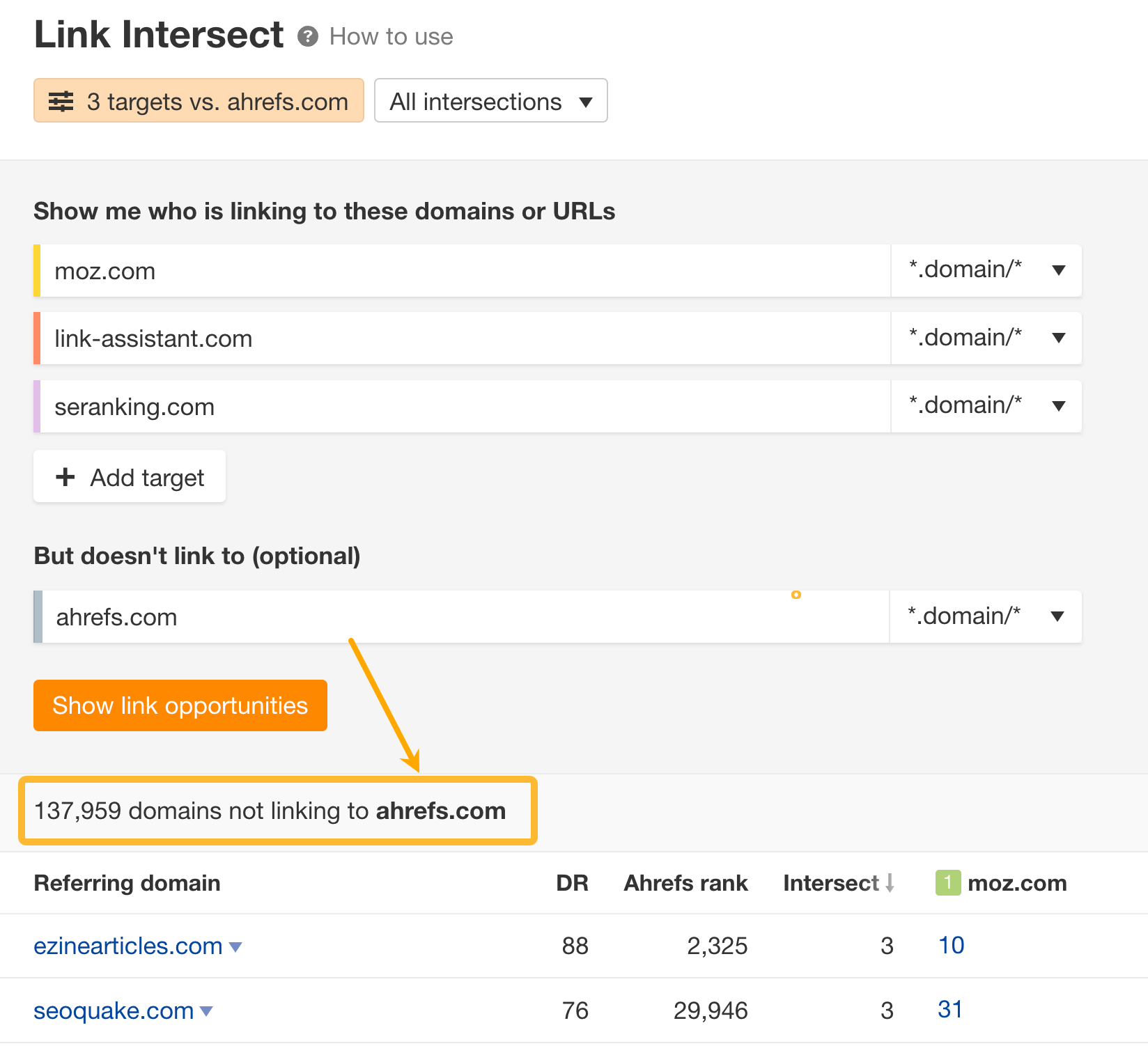  Ahrefs' Link Intersect tool