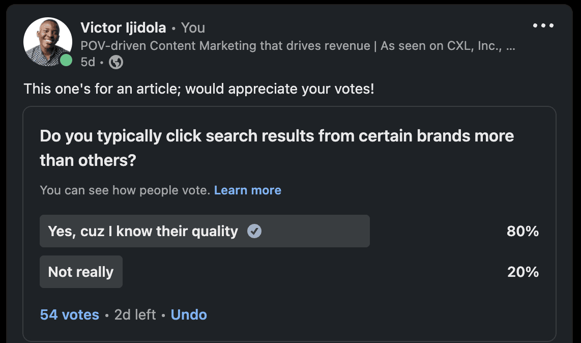 Screenshot of Victor Ijidola polling their LinkedIn audience on search engine usage