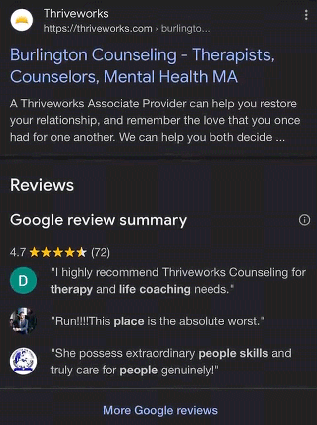 Google Reviews Seperated Mobile Results