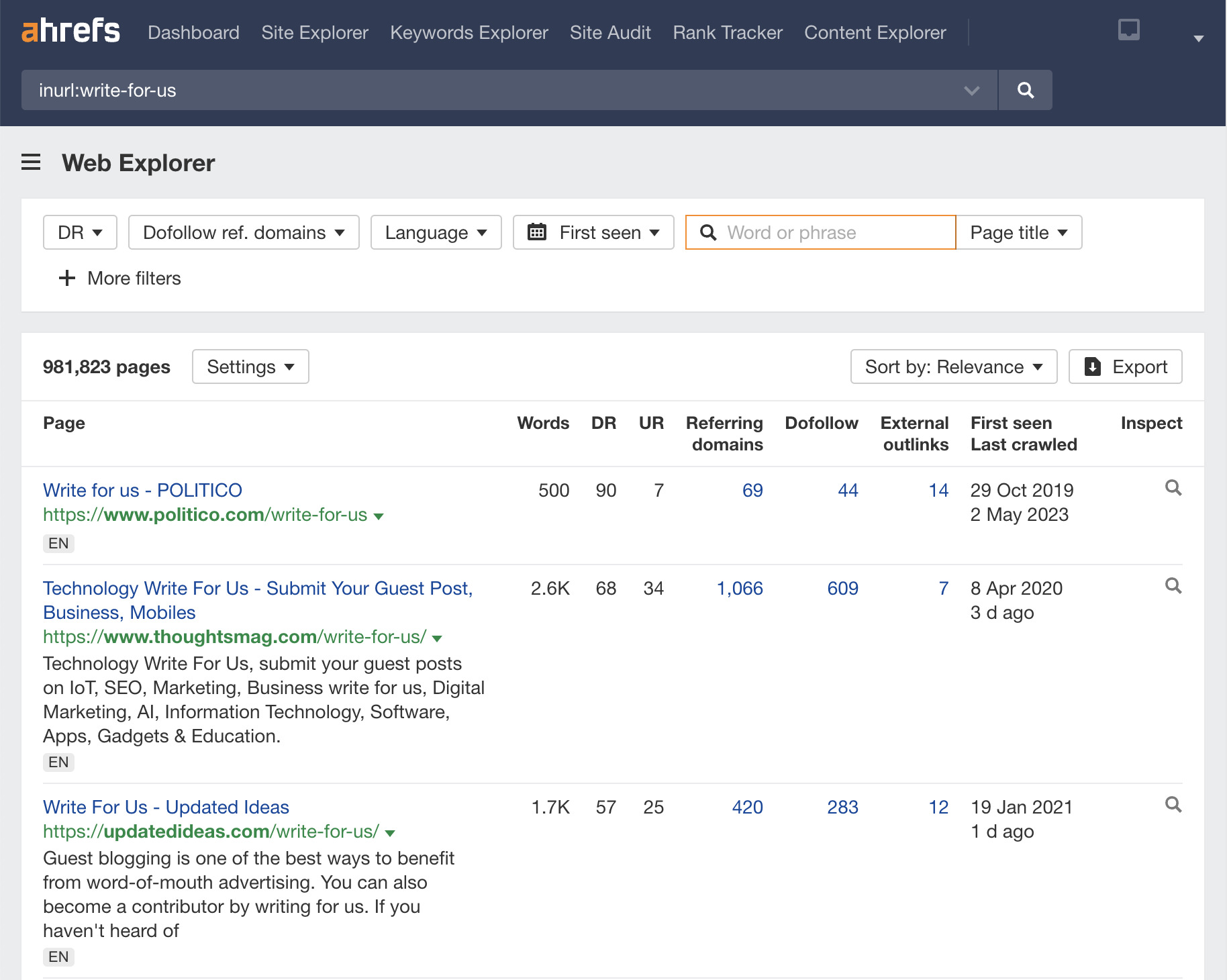 Search operator used to find websites asking for guest contributors, via Ahrefs' Web Explorer
