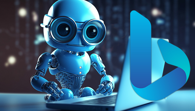 Blue Robot Searching Bing Logo