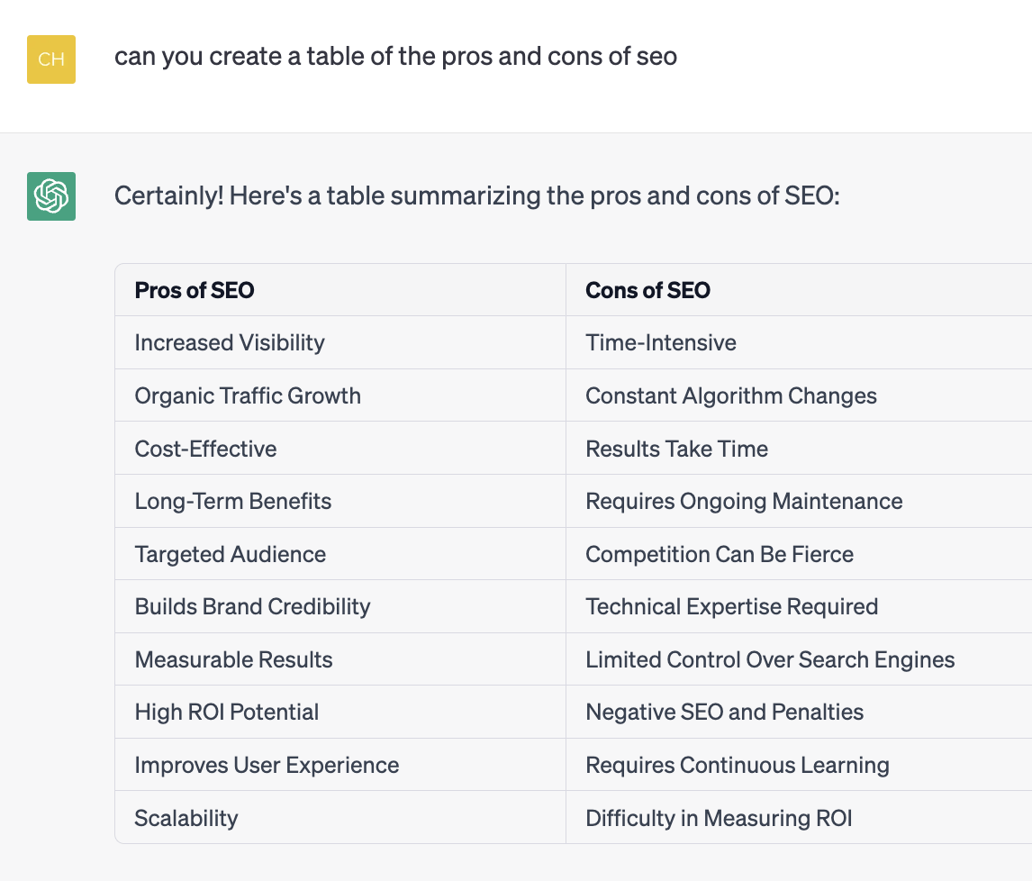 Asking ChatGPT for the pros and cons of SEO
