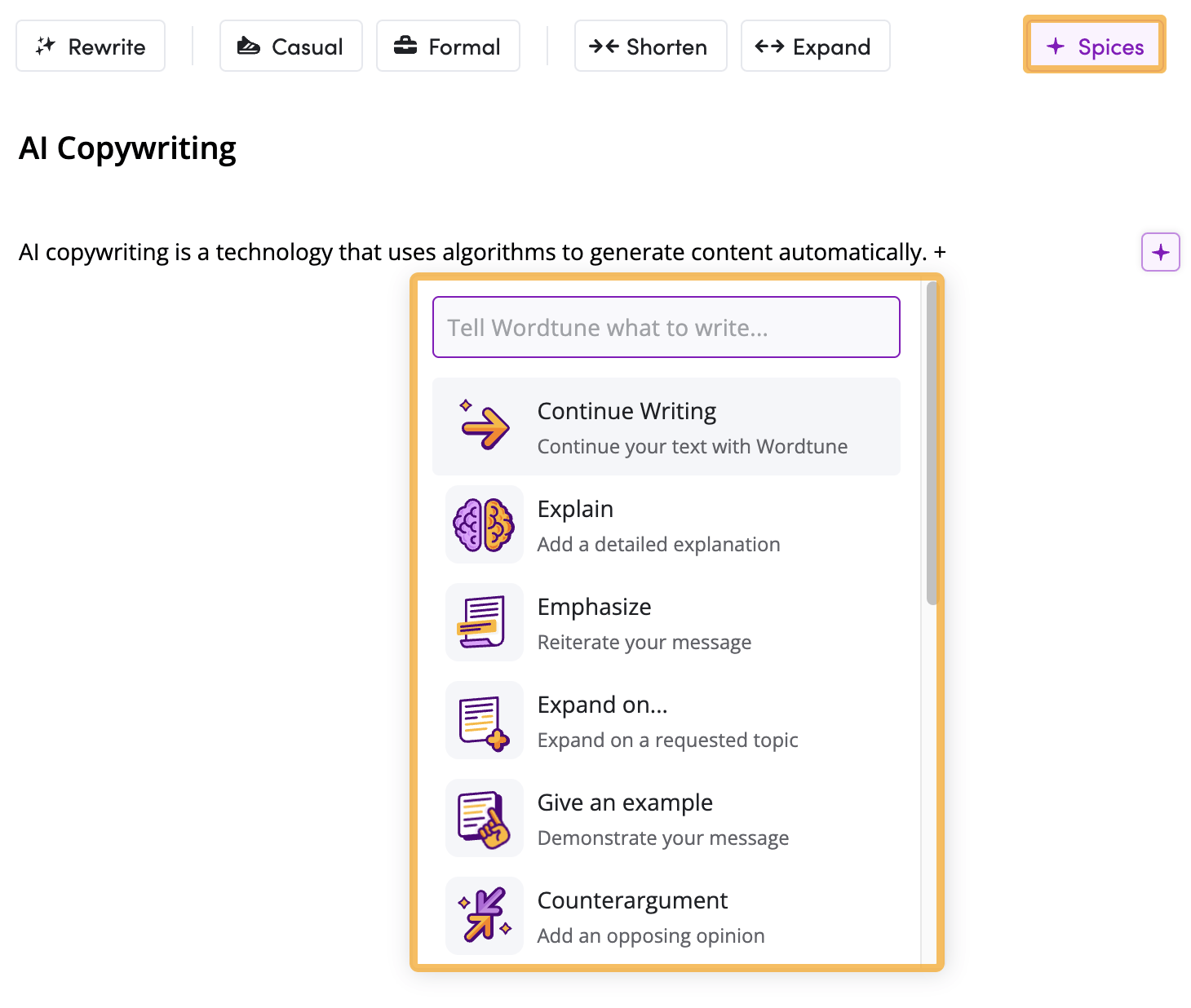 "Spices" menu in Wordtune
