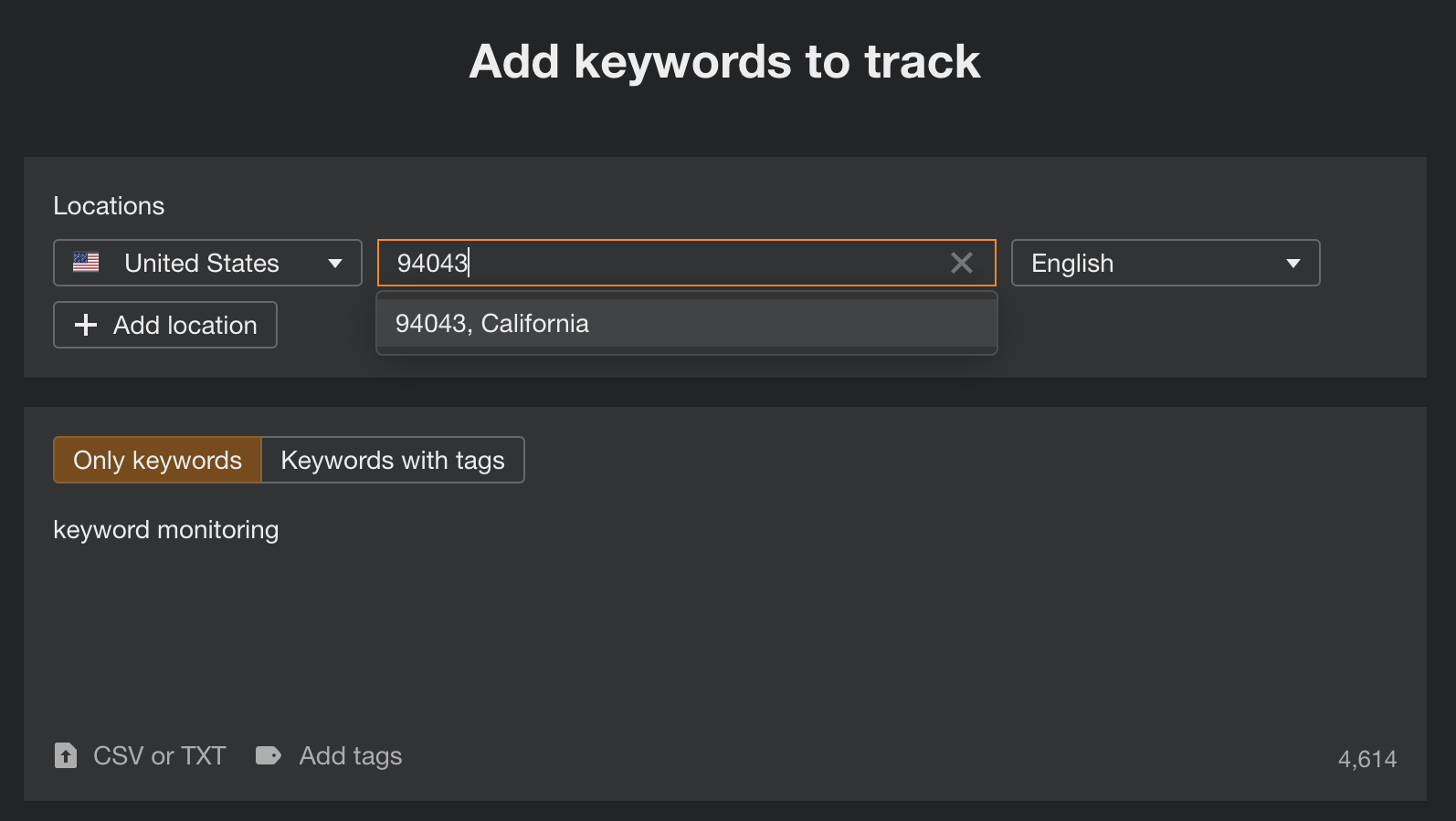 Adding keywords to track in Ahrefs' Rank Tracker