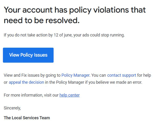 Google Local Service Ads Mass Policy Violation Notices