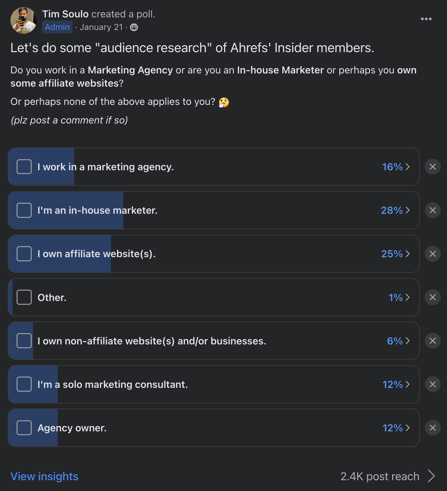 Audience research for Ahrefs Insider's members, via Facebook