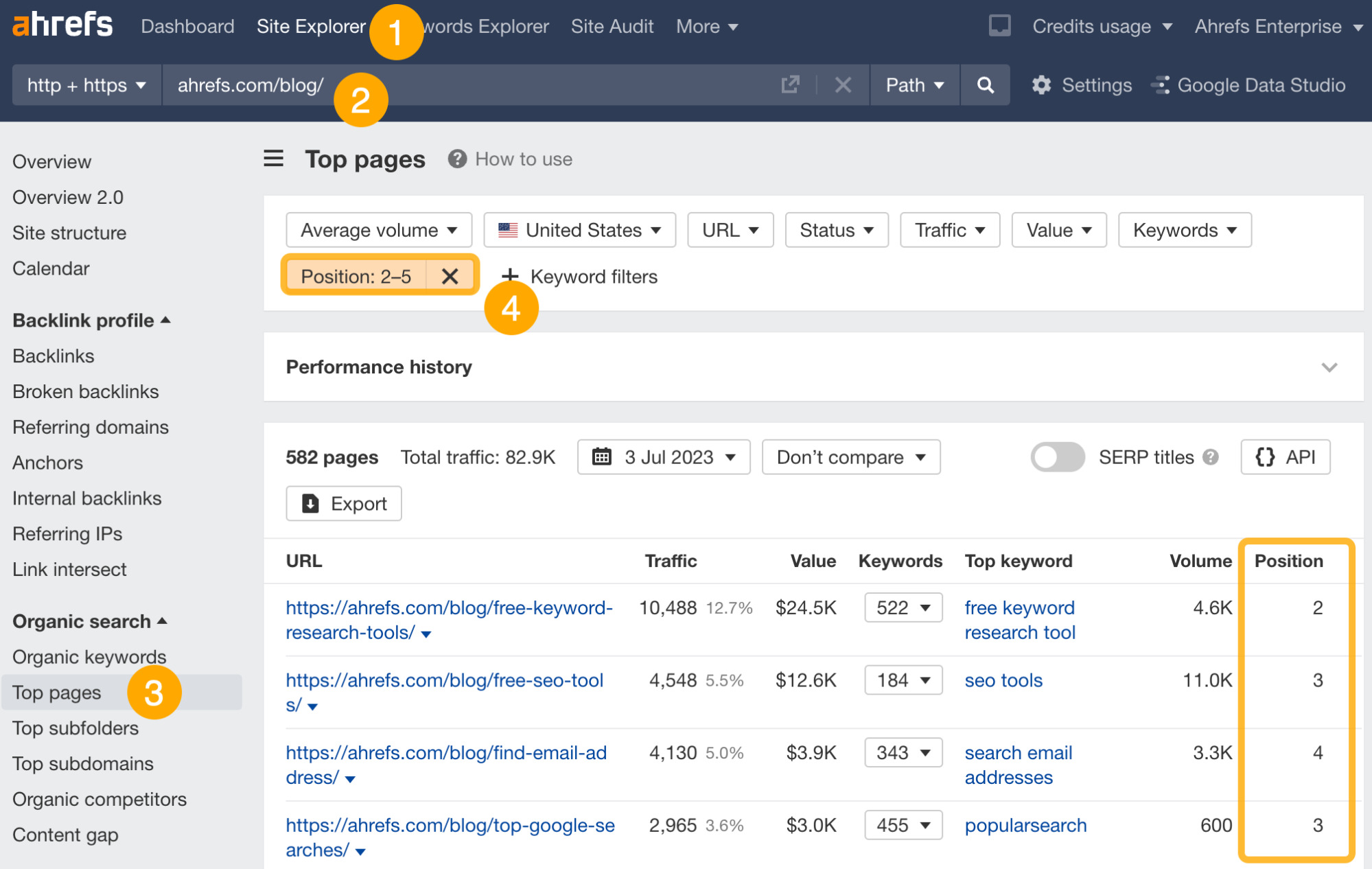 Finding pages to optimize title tags, via Ahrefs' Site Explorer
