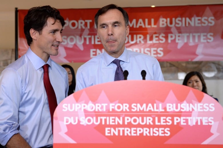 Then-Finance Minister Bill Morneau and Prime Minister Justin Trudeau at a news conference in Stoutffville, Ont. in 2017