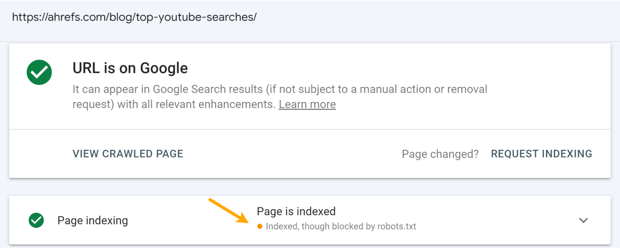 "Indexed, though blocked by robots.txt" shown in the GSC Inspection Tool