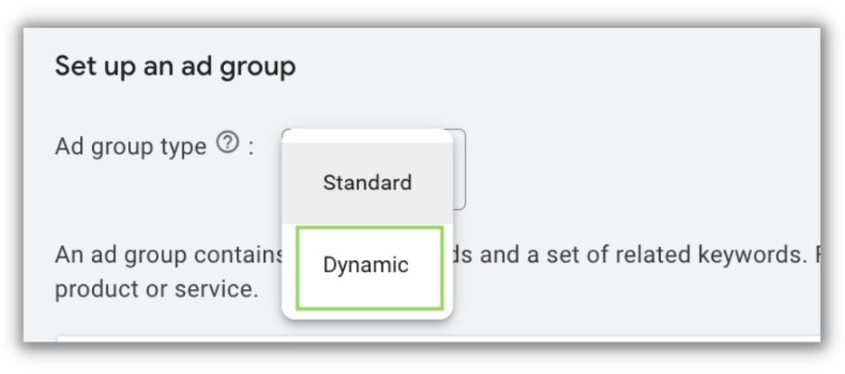 how to set up dynamic search ads in google - choose dynamic ad group