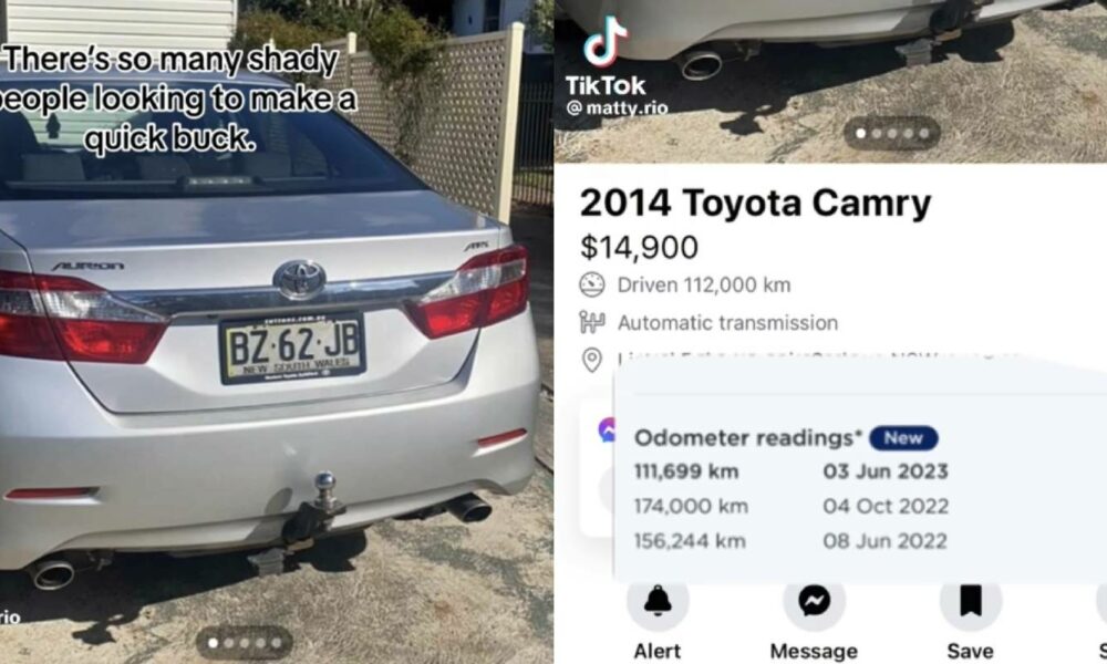 A TikTok video comparing a car's odometer reading history against its Facebook Marketplace listing (Image: TikTok/@matty.rio)