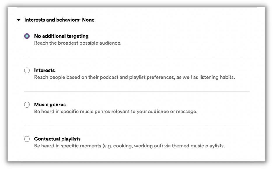 spotify advertising - how to run spotify ads - include interests and behaviors