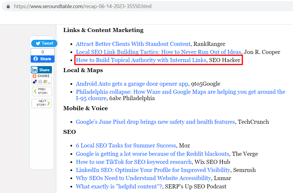 A backlink to SEO Hacker from SERoundtable, which gives high-quality link juice