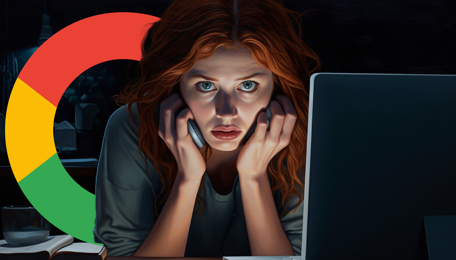 Anxious Woman By Computer Google Logo
