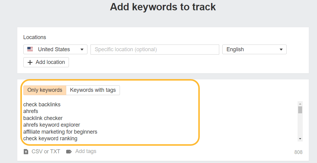 Entering keyword list into Ahrefs' Rank Tracker
