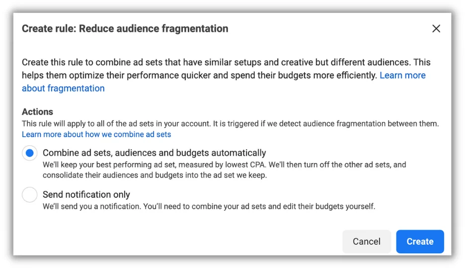 facebook ads automated rules - reduce audience fragmentation