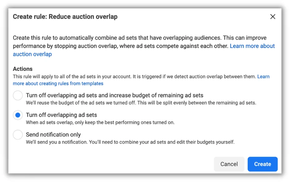 facebook automated rules - reduce auction overlay automated rule in meta ads manager