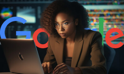 Woman Searching Computer Google Logo