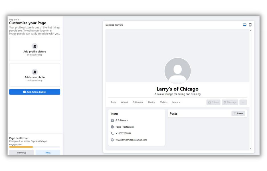 Facebook business page - screenshot of page to add images
