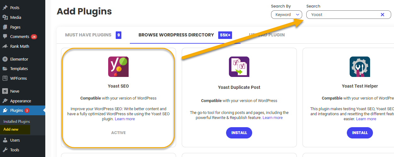 Adding the Yoast plugin to WordPress