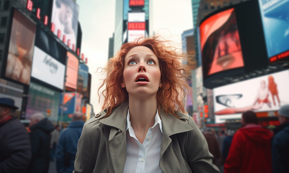 Woman Time Square Tons Of Ads Concerned