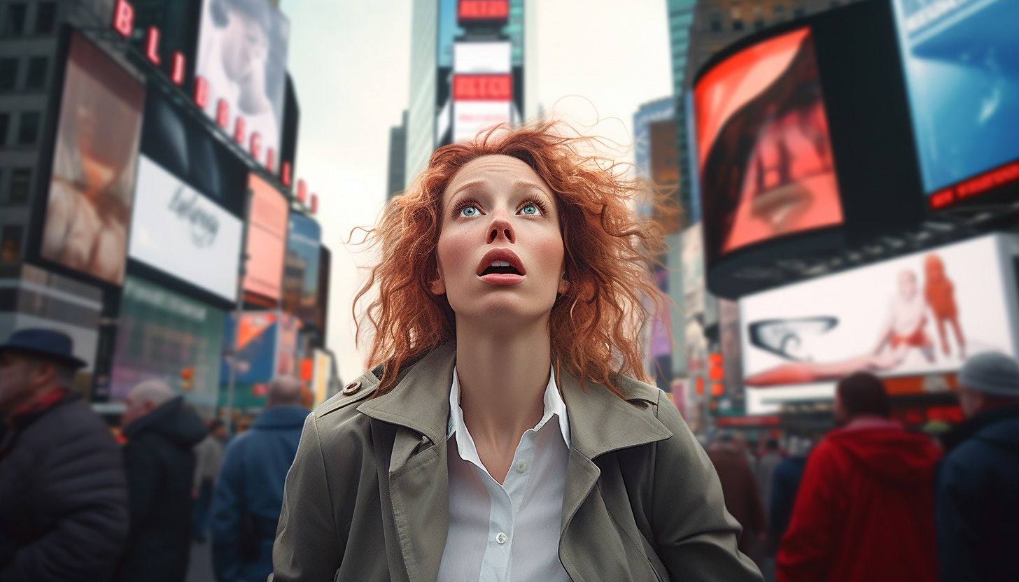 Woman Time Square Tons Of Ads Concerned