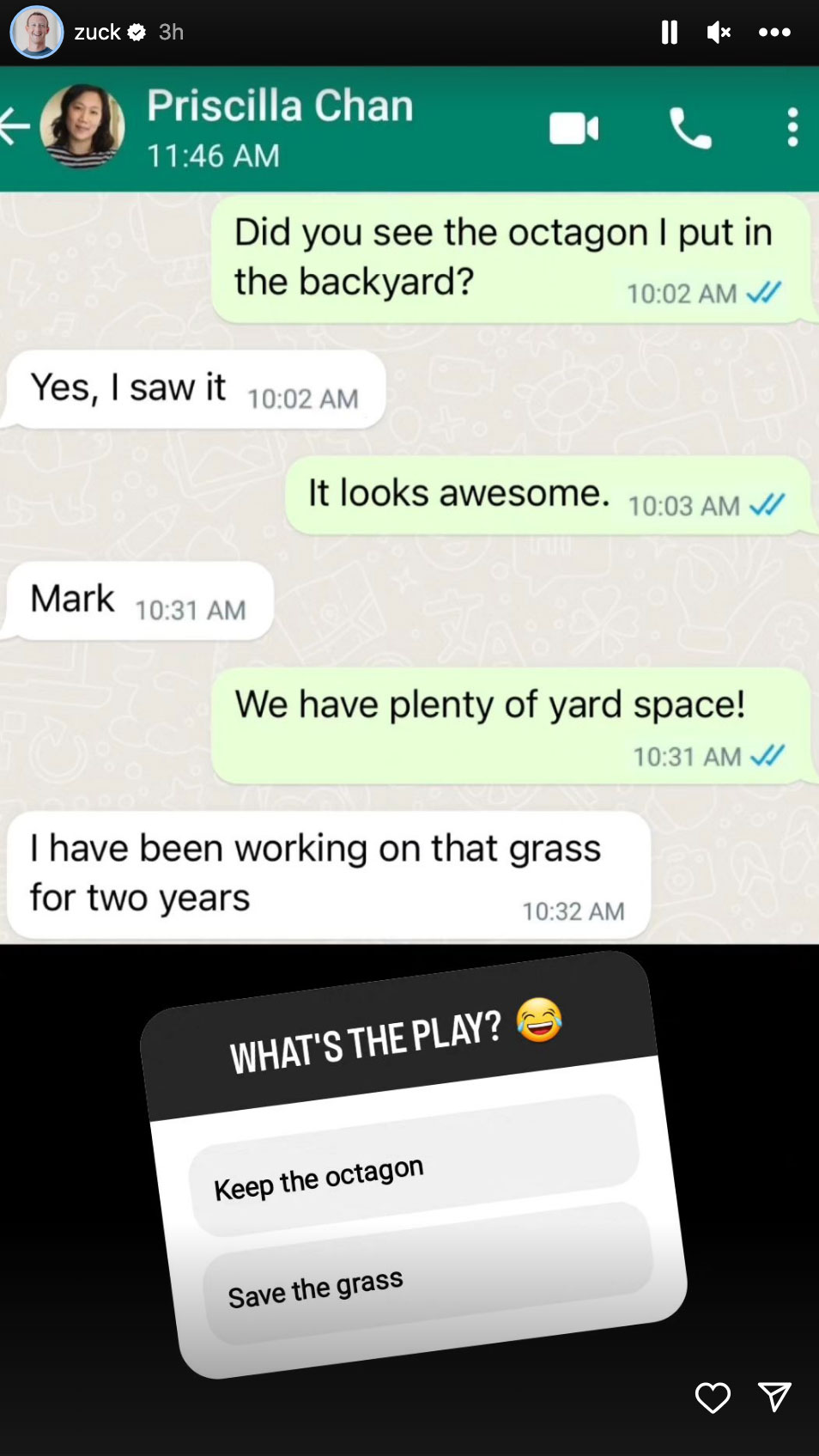 The Meta chief shared their text messages on Instagram